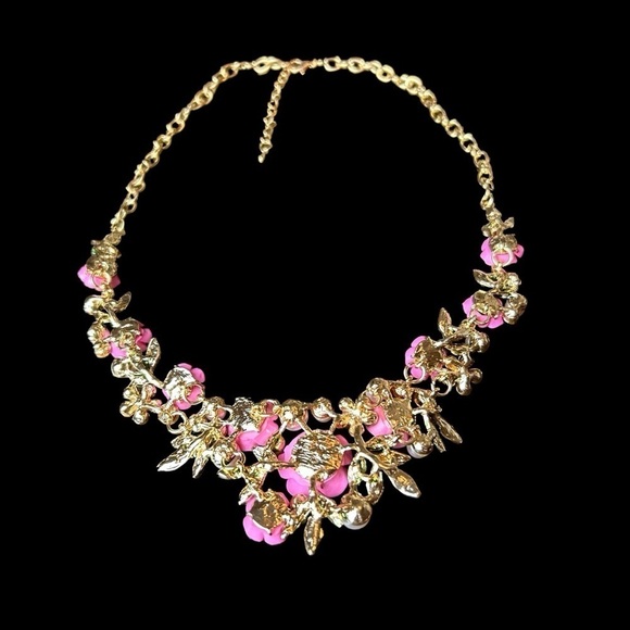 Pink Flower Rose Cluster Necklace Earring Set w/ Faux Pearl & Rhinestone Accents - Picture 10 of 15